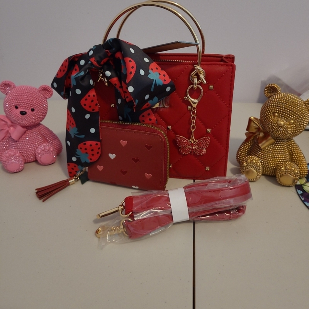 Badgley Mischka Quilted Red Handbag with Gold Hardware and Butterfly Charm